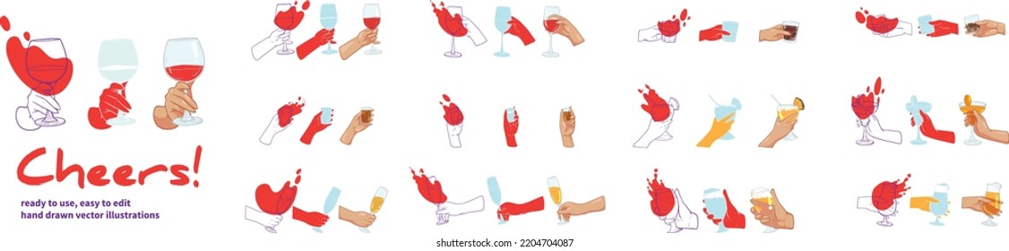 Vector hand drawn hand with alcohol beverage in glass, line art hand with glass, flat color hand with glass, brandy, whiskey, tequila, beer, cocktail, champagne
