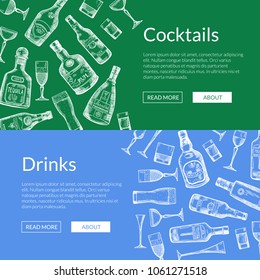 Vector hand drawn alcohol drink bottles and glasses horizontal web banners illustration