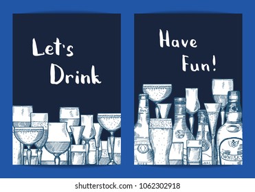 Vector hand drawn alcohol drink bottles and glasses set of card templates for bar or night club illustration