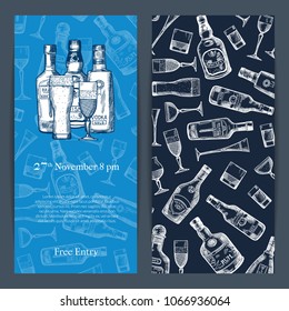 Vector hand drawn alcohol drink bottles and glasses vertical invitation template for party or bar opening illustration