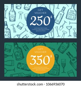 Vector Hand Drawn Alcohol Drink Bottles And Glasses Discount Or Gift Card Voucher Templates Illustration