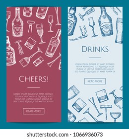 Vector hand drawn alcohol drink bottles and glasses vertical web banners illustration