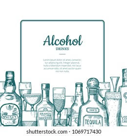 Vector hand drawn alcohol drink bottles and glasses frame with place for text with below illustration
