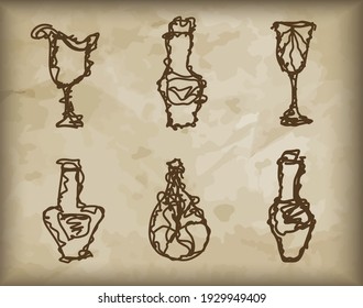 Vector hand drawn alcohol drink bottles and glasses