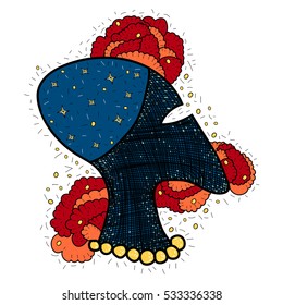 Vector hand drawn alien profile head with stars and flowers. Illustration on white background.