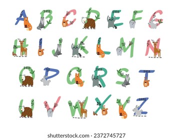 Vektor handgezeichnet Alphabet mit Tieren. Cute Design für Einladungen, Karte, Geburtstag, Poster etc.