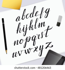Vector hand drawn alphabet. Custom lowercase characters. Hand lettering and typographic art for designs: logo, poster, invitation, card, banner. Brush Typography. Handwritten style modern cursive font