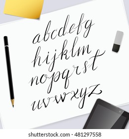 Vector hand drawn alphabet. Custom lowercase characters. Hand lettering and typographic art for designs: logo, poster, invitation, card, banner. Brush Typography. Handwritten style modern cursive font