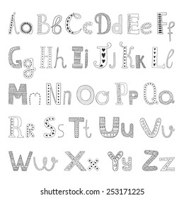 Vector hand drawn alphabet with decorative elements for design postcard, invitation, web design etc. Hand drawn letters, doodle alphabet isolated on white background