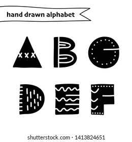 Vector hand drawn alphabet. Doodle letters A, B, C, D, E, F. Isolated characters. Hand drawn font 