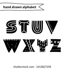 Vector hand drawn alphabet. Doodle letters S, T, U, V, W, Z, Y, Z. Isolated characters. Hand drawn font 
