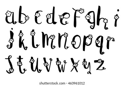 Vector Hand Drawn Alphabet with flower on white background. Letters written with a brush pen. Ink abc