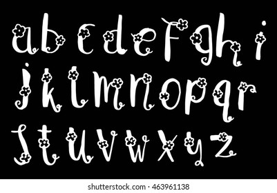 Vector Hand Drawn Alphabet with flower on black background. Letters written with a brush pen. Ink abc