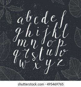 Vector hand drawn alphabet, font with autumn leaves. Handwritten script, lettering and custom typography for your designs: logo, for posters, invitations, cards, etc. 