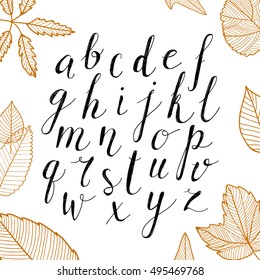 Vector hand drawn alphabet, font with autumn leaves. Handwritten script, lettering and custom typography for your designs: logo, for posters, invitations, cards, etc. 