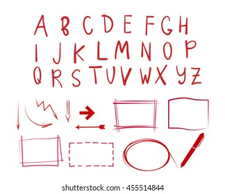 Vector hand drawn alphabet with highlight elements.  diagram elements, hand drawn circle and rectangle for sketch idea and plan