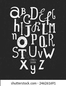 Vector hand drawn alphabet isolated on black background with retro texture, doodle letters collection on chalkboard