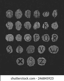 Vector hand drawn alphabet isolated on black background, doodle letters collection