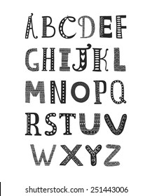 Vector hand drawn alphabet isolated on white background, doodle letters collection with decorative, floral and etnic elements