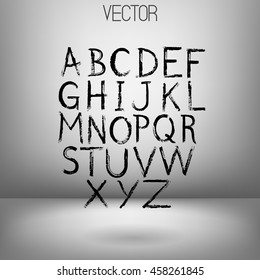 Vector hand drawn alphabet. Latin letters drawn with dry brush. Black paint. Grey background.Calligraphic. Grunge. Alphabet symbol. Brutal aggressive sloppy font.
