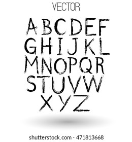 Vector hand drawn alphabet. Latin letters drawn with dry brush. Black paint. White background.Calligraphic. Grunge. Alphabet symbol. Brutal aggressive sloppy font.