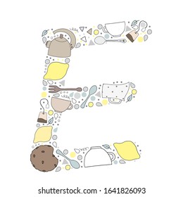 Vector hand drawn alphabet letter filled with kitchen doodle colorful elements; kettle, cups, lemons, spoon, fork, pitcher, dots, cookies in shape of E-letter. 