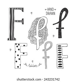 Vector hand drawn alphabet, letter f. Doodle letters set isolated on white background