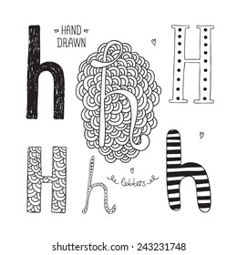 Vector hand drawn alphabet, letter h. Doodle letters set isolated on white background