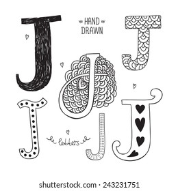 Vector hand drawn alphabet, letter j. Doodle letters set isolated on white background