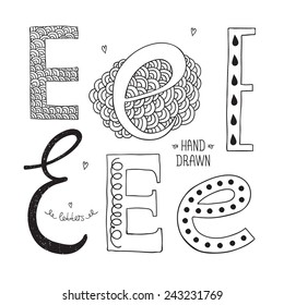 Vector hand drawn alphabet, letter e. Doodle letters set isolated on white background