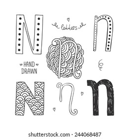 Vector hand drawn alphabet, letter n. Doodle letters set isolated on white background