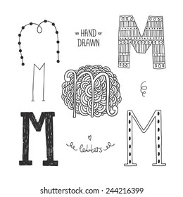 Vector hand drawn alphabet, letter m. Doodle letters set isolated on white background