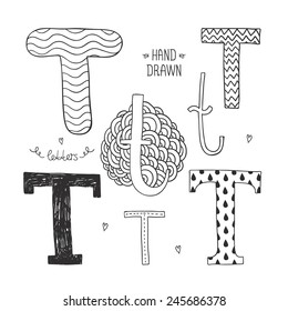 Vector hand drawn alphabet, letter t. Doodle letters set isolated on white background
