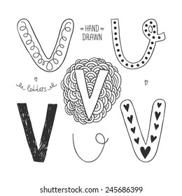 Vector hand drawn alphabet, letter v. Doodle letters set isolated on white background