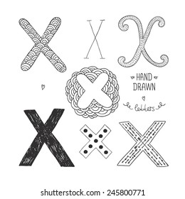 Vector hand drawn alphabet, letter x. Doodle letters set isolated on white background