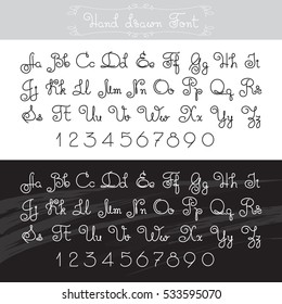 Vector hand drawn  alphabet. Lines font design. Thin letters, numbers on white and black background.