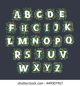 Vector Hand drawn alphabet made with of spring and suumer leaves and flowers on dark background