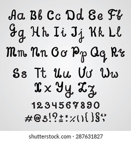 Vector hand drawn alphabet. Number and punctuiation  mark set.   EPS 10. For school illustration, banner, flyer, poster design.