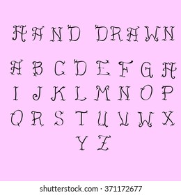 Vector Hand Drawn Alphabet on pink background. Letters written with a stylus pen. lettering style.