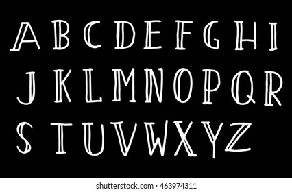 Vector Hand Drawn Alphabet on black background. Letters written with a pen. Ink abc
