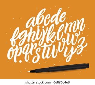 Vector Hand Drawn Alphabet on Orange Background. Handwritten Script Alphabet. Hand Lettering and Custom Typography art for Designs: Logo, Cards, etc. Vector Brush Typography. Logo templates. 