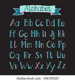 Vector hand drawn Alphabet with ribbon on dark background