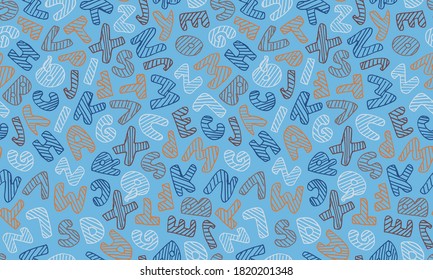 Vector hand drawn alphabet. Seamless pattern with English ABCs. Simple typographic design of Latin capital letters with stripes. Childish drawing. Template for banner, poster, greeting card, print