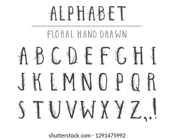 Vector hand drawn alphabet in style grunge with floral elements. Capital letters. Regular type.