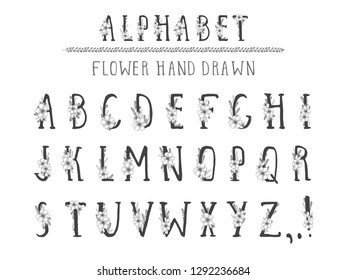 Vector hand drawn alphabet in style grunge with floral elements and flower. Capital letters. Regular type.