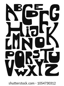 Vector hand drawn alphabet. Trendy cartoon whimsical design abs poster. Black and white style illustration.