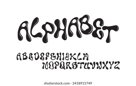 Alfabeto dibujado con mano vectora. Letras Líquidas y Groovy de moda. Fuente artística decorativa. Estilo de letras del año 2000.	