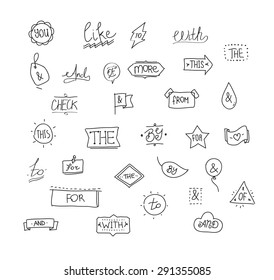 Vector hand drawn ampersands and catchwords. Hand lettering with decorative design vintage elements isolated on white background.