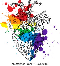 Vector hand drawn anatomical heart from flowers and rainbow colors blotch. LGBT design.