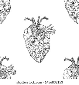 Vector hand drawn anatomical heart from flowers. Black and white line art